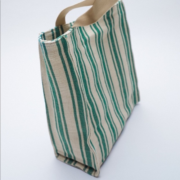 NWT. Zara 100% Cotton Beige/Green Fabric Shopper Bag. - Picture 3 of 10